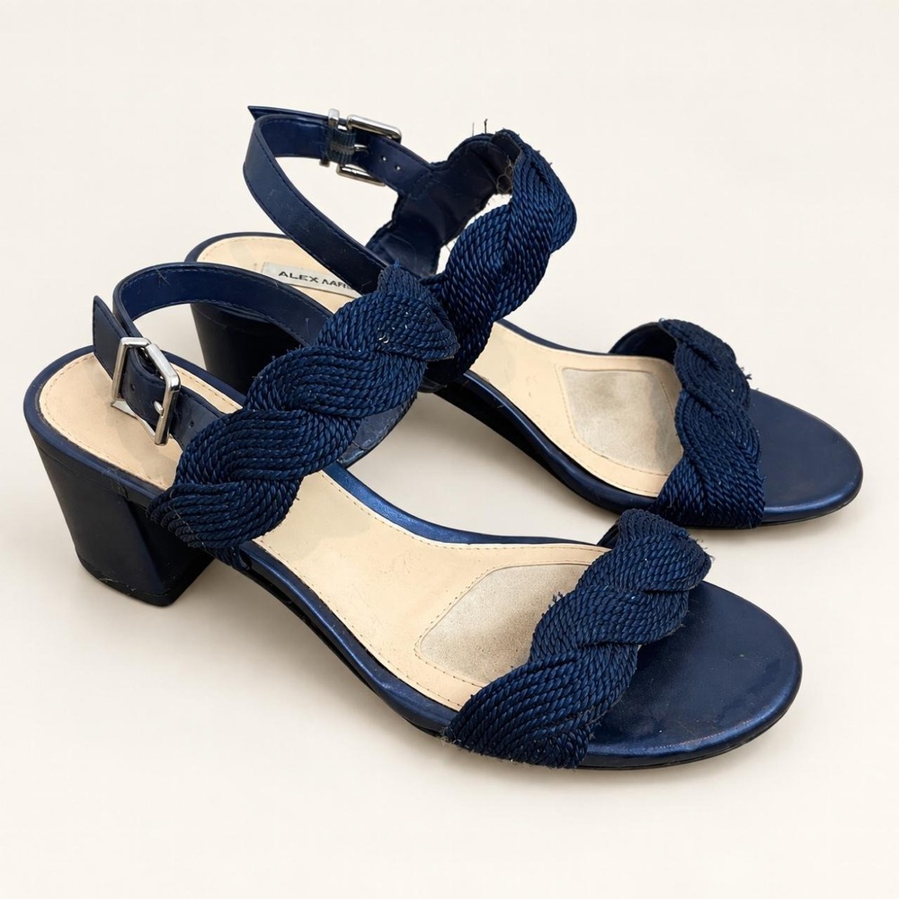 Alex Marie Navy Braided Block Heel Sandals | 7M